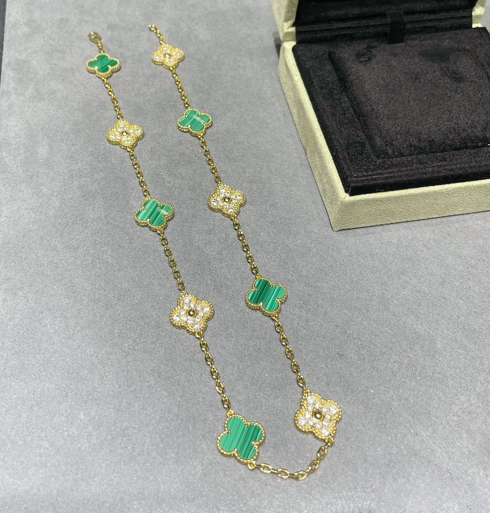 ✨ Van Cleef & Arpels Malachite & Crystal 10‑Motif Alhambra Necklace